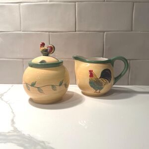 Pfaltzgraff Napoli Rooster hand-painted creamer and sugar bowl set